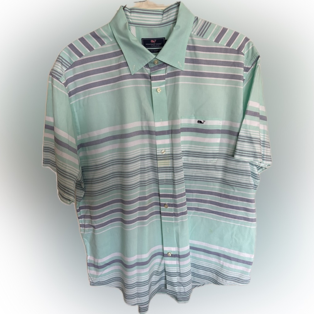 Vineyard Vines Men's Aqua and Gray/Lavender Striped Shirt - worn once